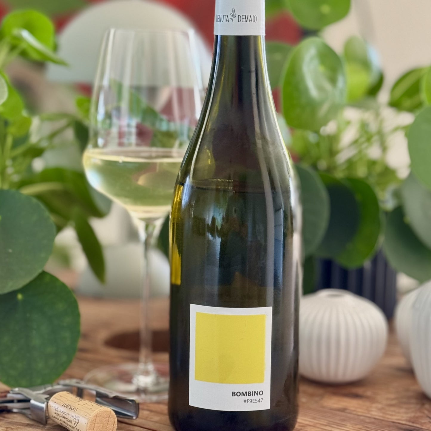 Bottle of Bombino wine with a glass on a table with plants in the background