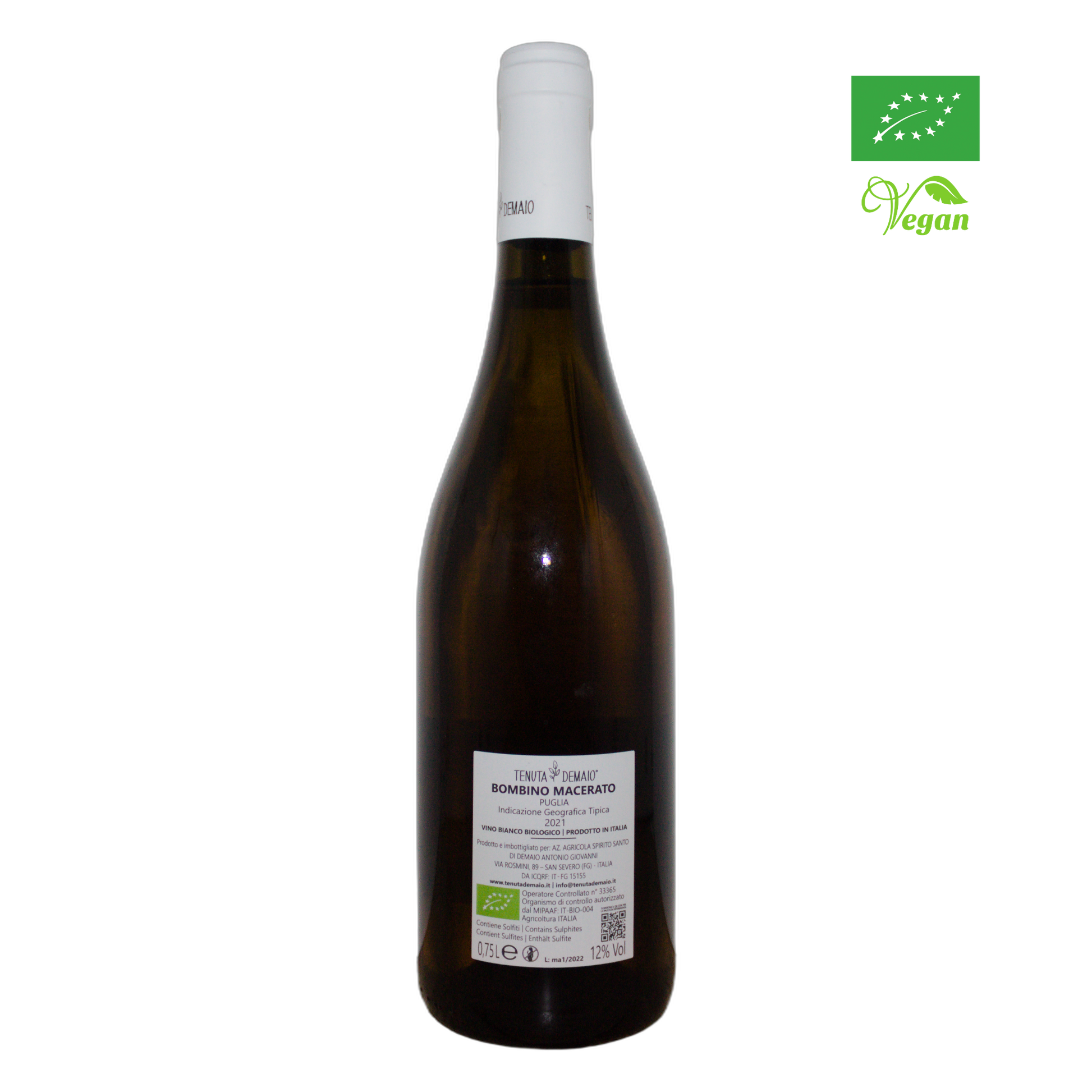 Technical back label for Tenuta Demaio Bombino Macerato IGT - Nutrition and ingredients