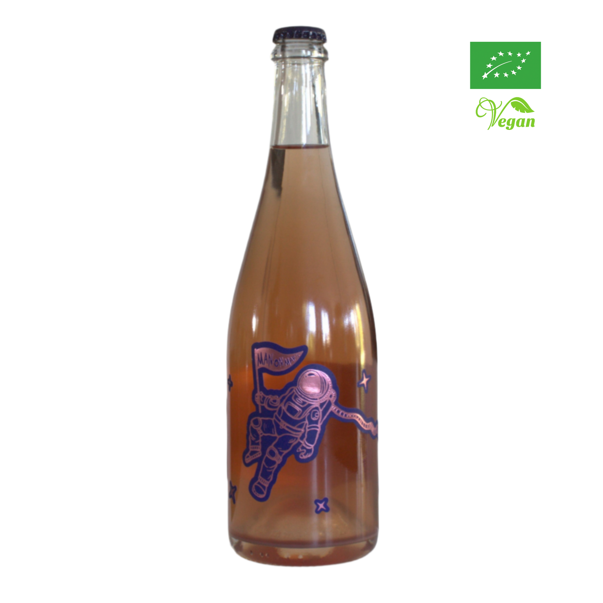 A bottle of Tenuta Demaio Man On Mars sparkling wine with a depiction of an astronaut on the label, indicating it is organic and vegan friendly.