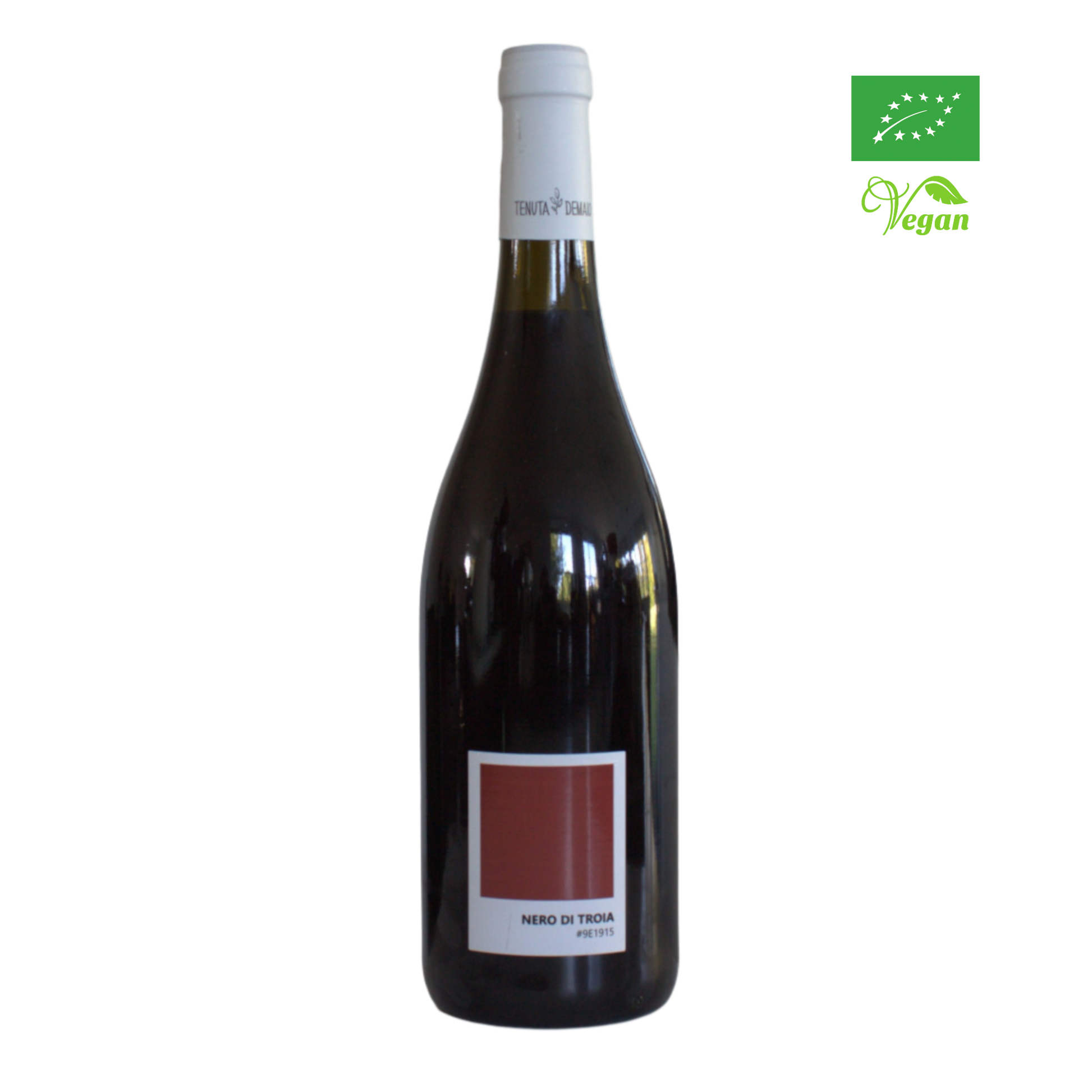 A bottle of Tenuta Demaio Nero di Troia red wine with an organic certification logo in the upper right corner.
