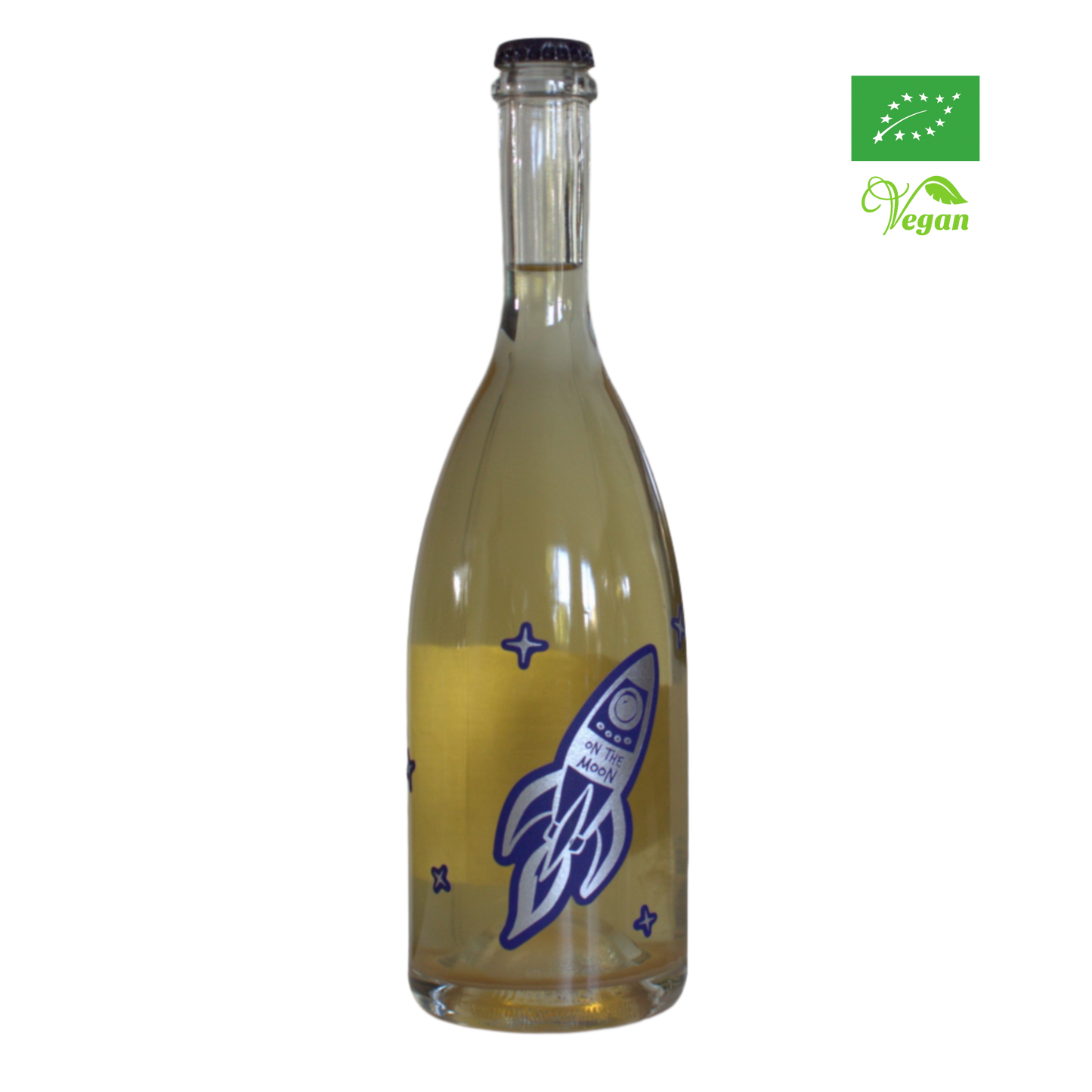 A bottle of Tenuta Demaio, On The Moon white sparkling wine with a rocket illustration on the label, organic certification logo, vegan certification logo.