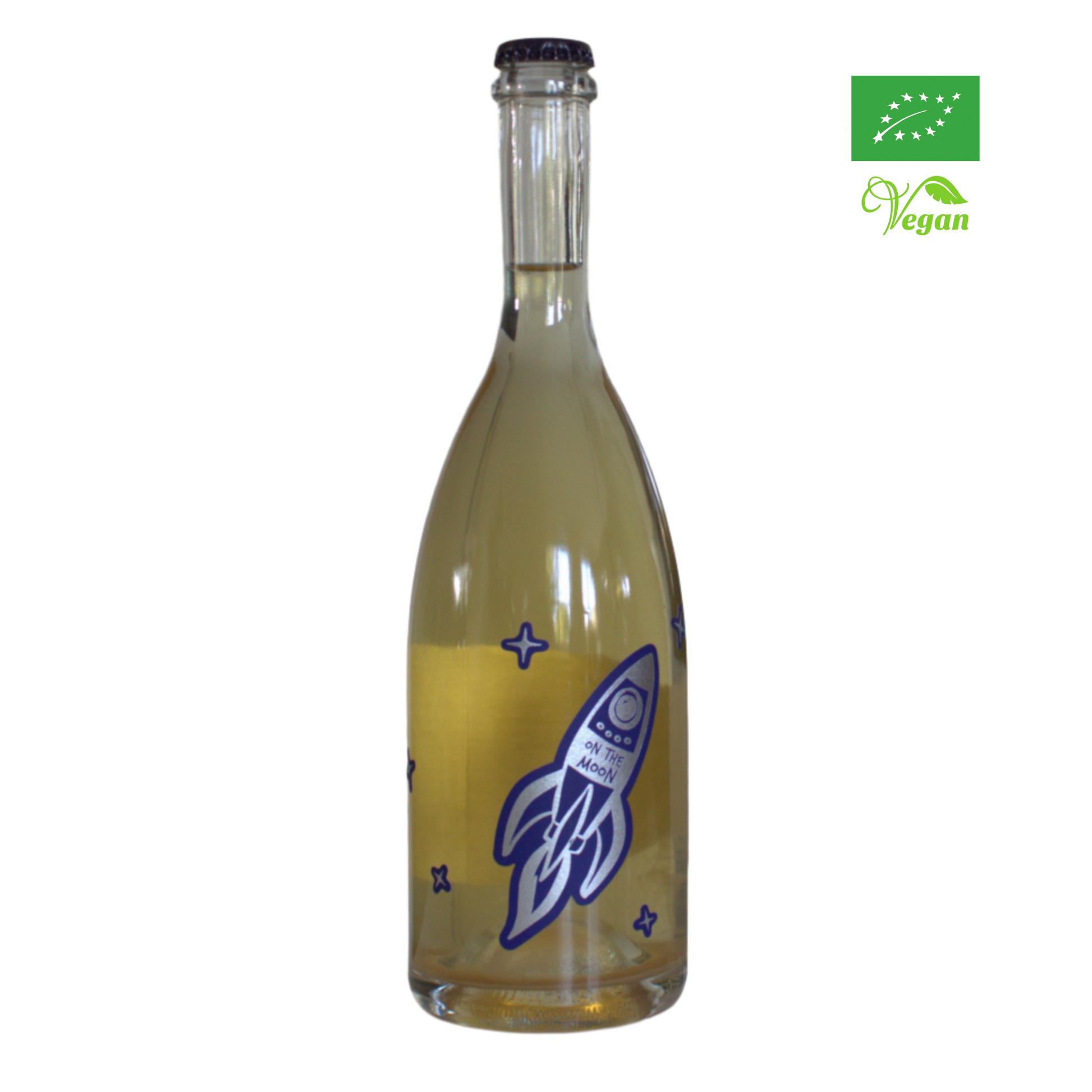 A bottle of Tenuta Demaio, On The Moon white sparkling wine with a rocket illustration on the label, organic certification logo, vegan certification logo.
