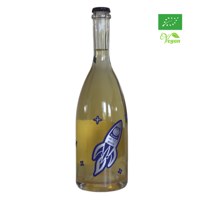 A bottle of Tenuta Demaio, On The Moon white sparkling wine with a rocket illustration on the label, organic certification logo, vegan certification logo.