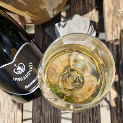 Glass of Franciacorta Blanc de Noir - Fine bubbles and pale straw-yellow color