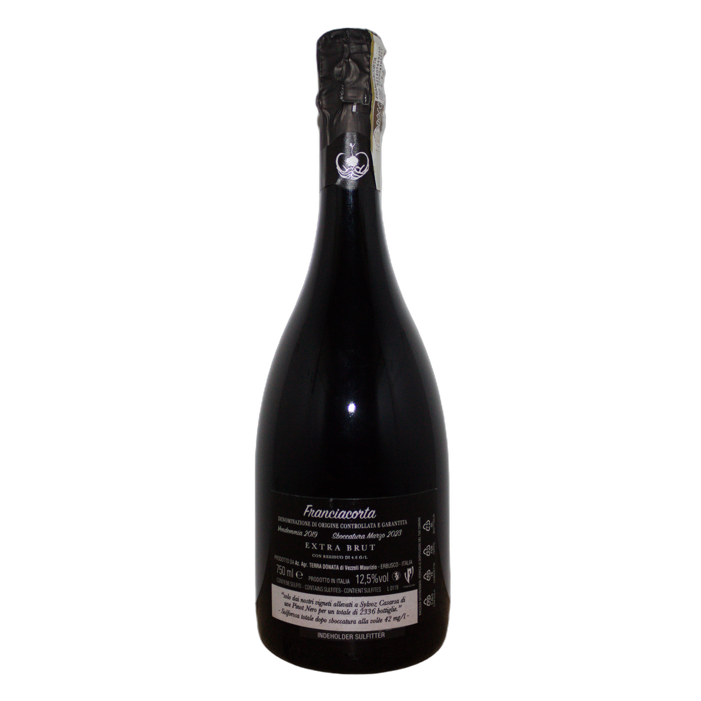 Technical label for Terra Donata Franciacorta Blanc de Noir DOCG - 12.5% Alcohol