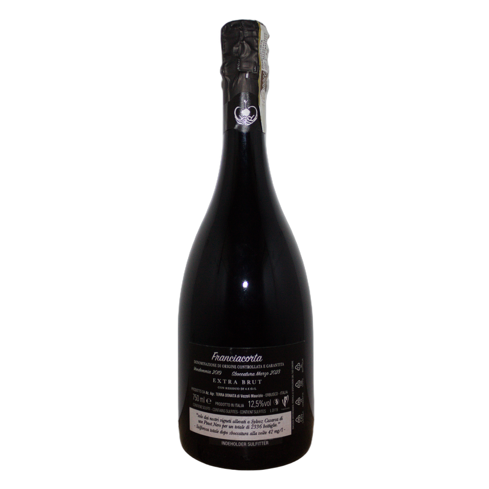 Technical label for Terra Donata Franciacorta Blanc de Noir DOCG - 12.5% Alcohol