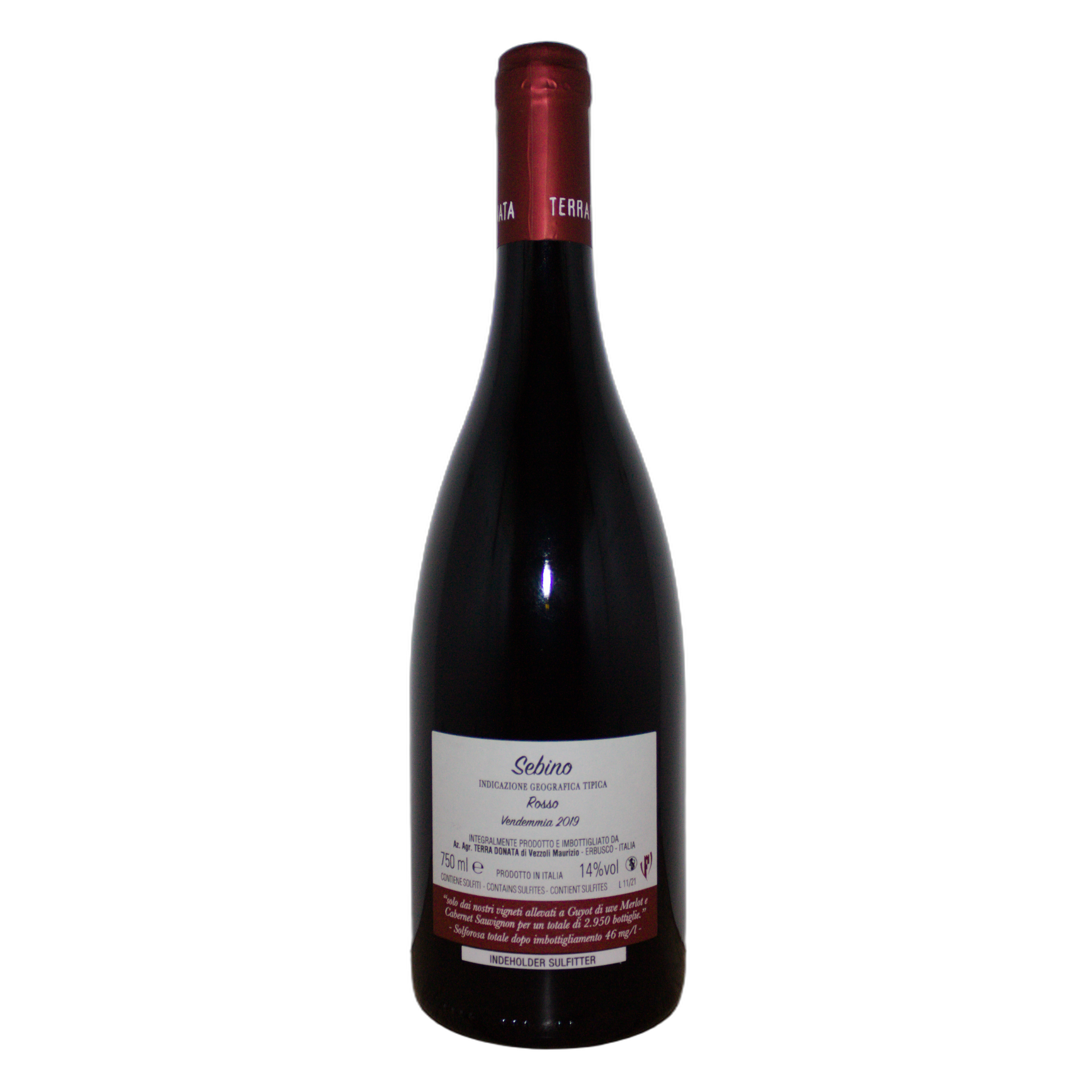 Terra Donata Sebino Rosso IGT back label with alcohol content and Lombardy origin information