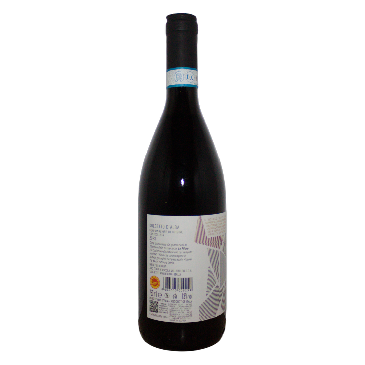 Technical back label for Vellebelbo Le Filere Dolcetto d´Alba - Nutrition and ingredients