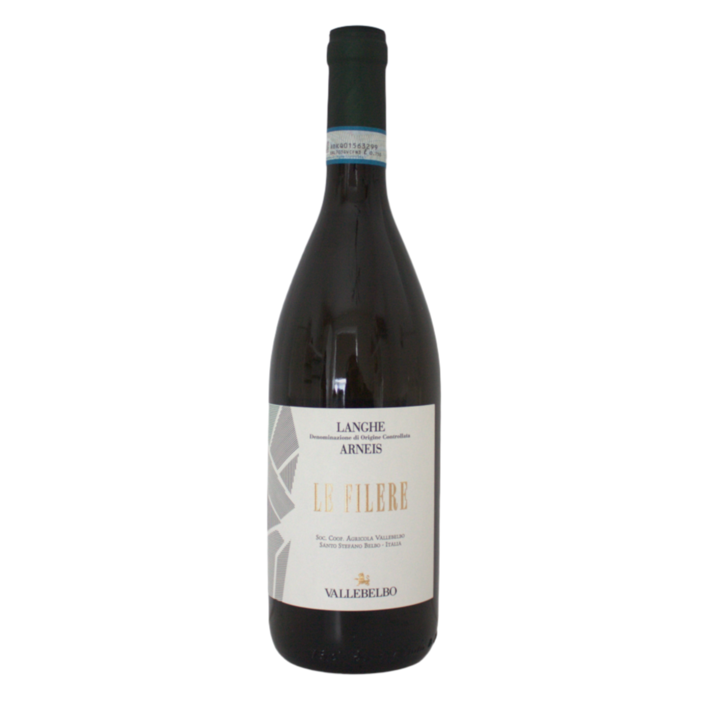 A bottle of Valle Belbo, Le Filere Langhe DOC Arneis wine with a label that includes the name of the wine and the region Piedmont.