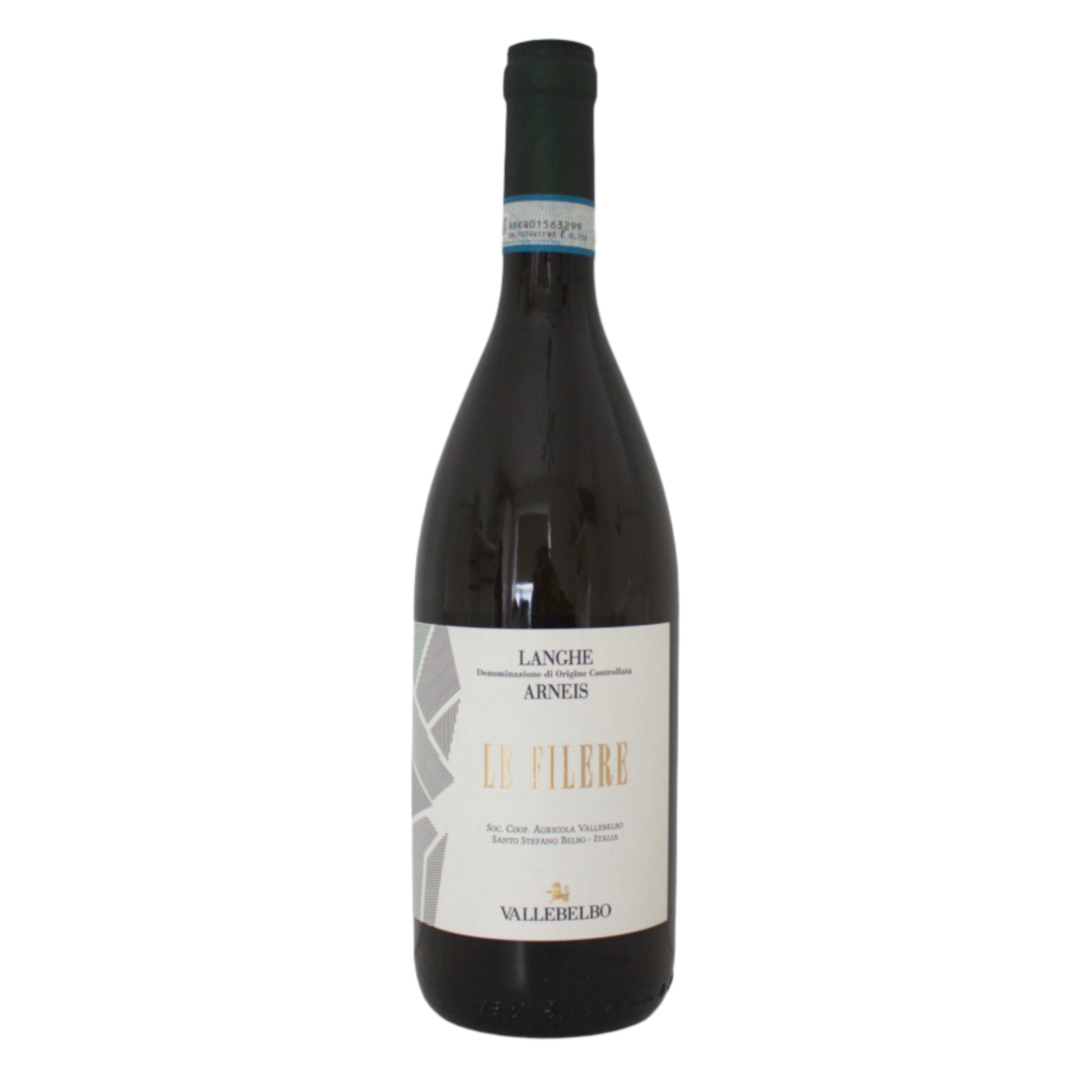 A bottle of Valle Belbo, Le Filere Langhe DOC Arneis wine with a label that includes the name of the wine and the region Piedmont.