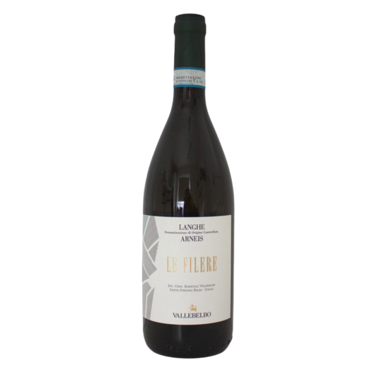 A bottle of Valle Belbo, Le Filere Langhe DOC Arneis wine with a label that includes the name of the wine and the region Piedmont.