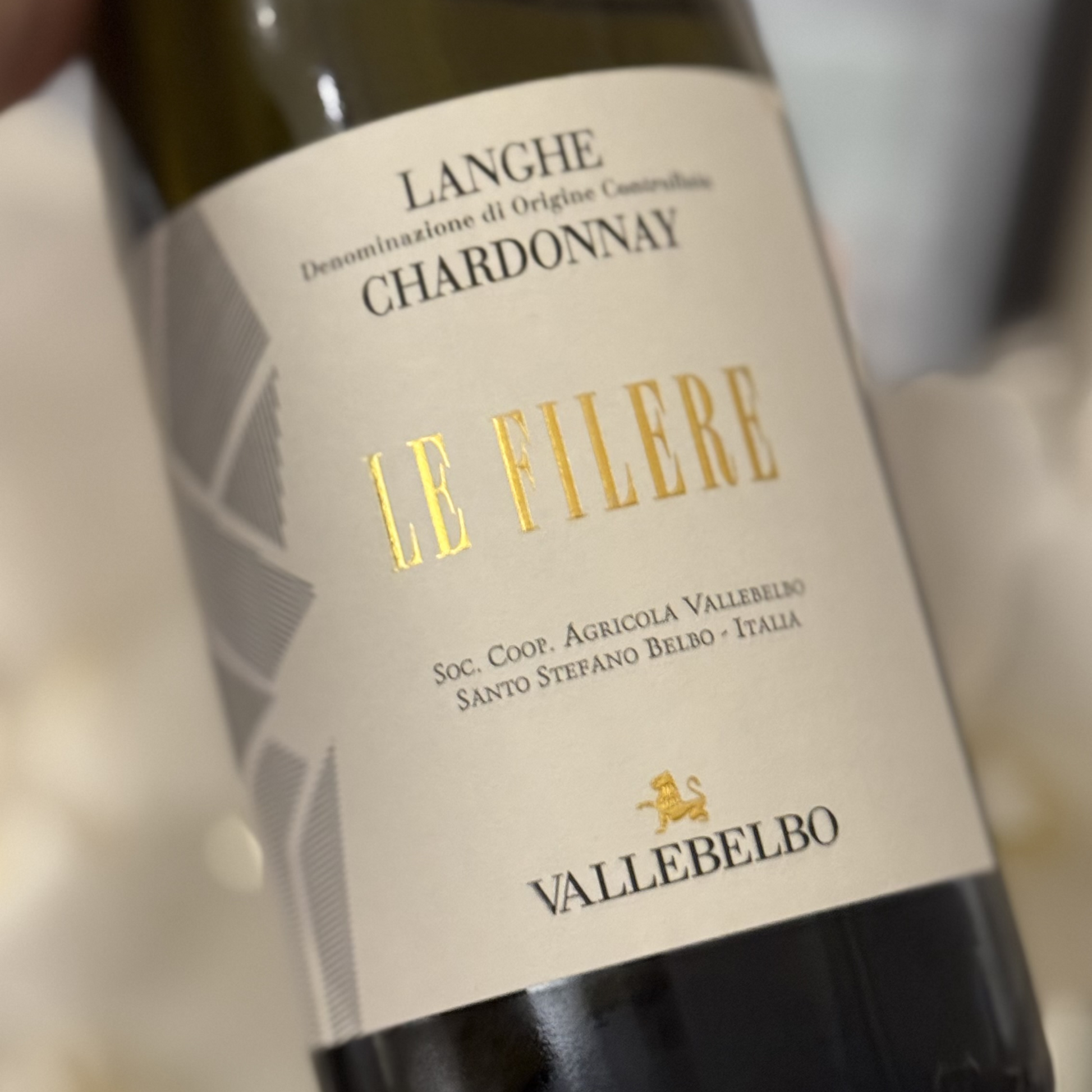 Close-up of Vallebelbo Langhe Chardonnay DOC Label - 100% Chardonnay