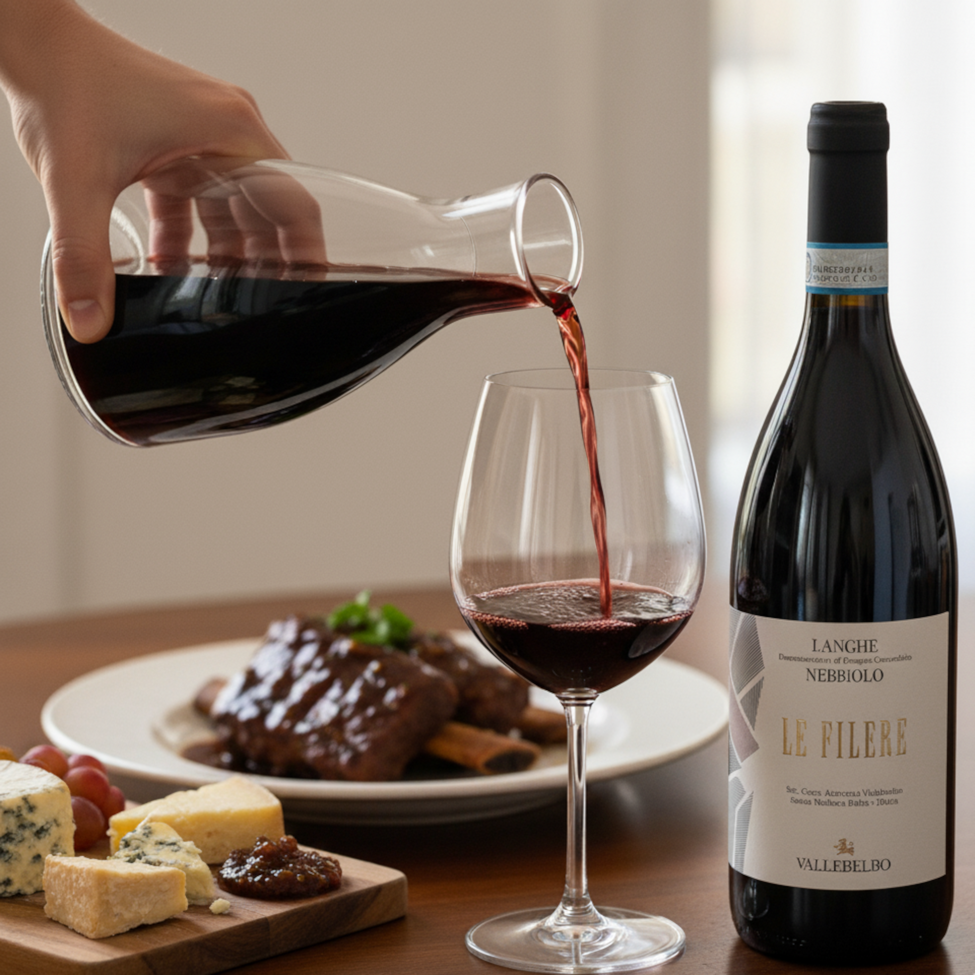 Le Filere Vallebelbo Nebbiolo red wine being poured into a glass with a cheese platter and a meat roast dish in the background.