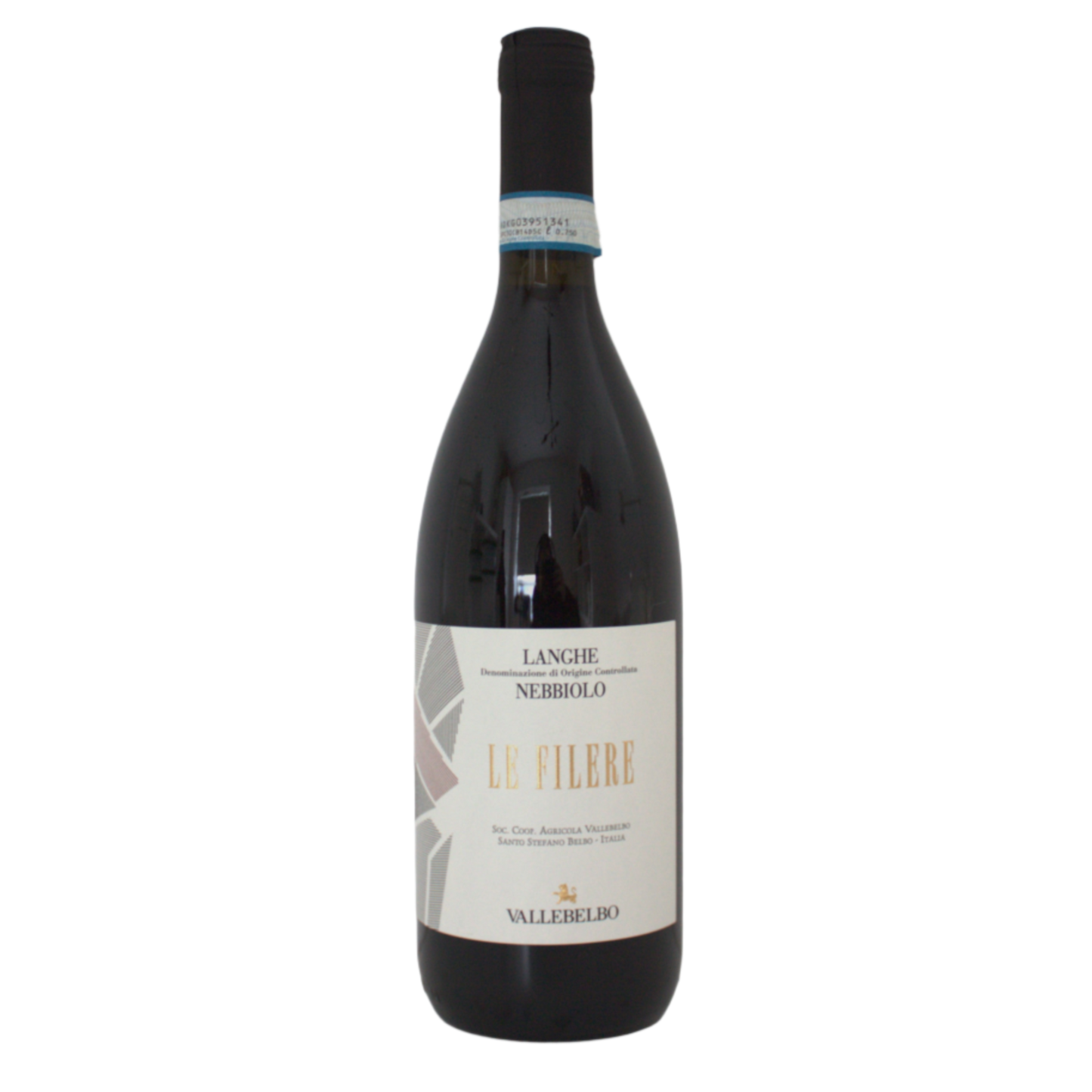 A bottle of Vallelibbo, Le Filere Langhe Nebbiolo DOC wine with a label indicating it is a red wine from Piedmont, Italy.