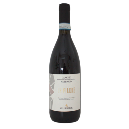 A bottle of Vallelibbo, Le Filere Langhe Nebbiolo DOC wine with a label indicating it is a red wine from Piedmont, Italy.