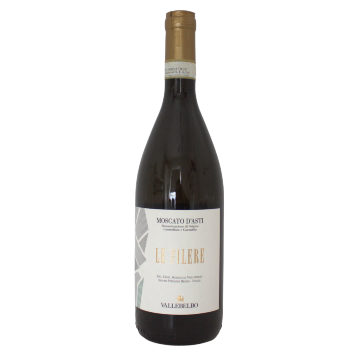 A bottle of Vallebelbo, Le Filere Moscato D'Asti DOCG wine with a white label and gold accents.