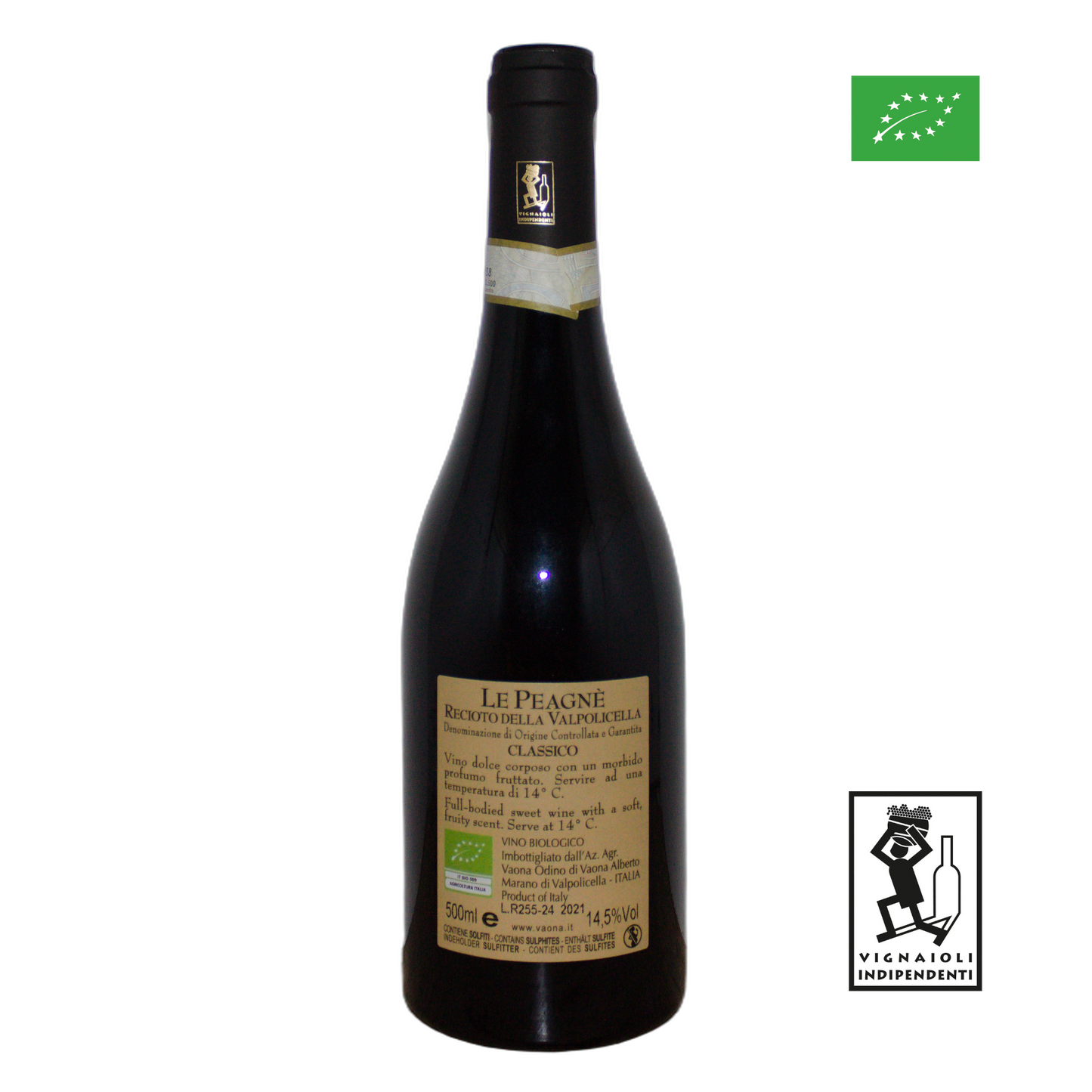 Technical back label for Vaona Le Peagne Recioto della Valpolicella Classico DOCG 2021 - Nutrition and ingredients