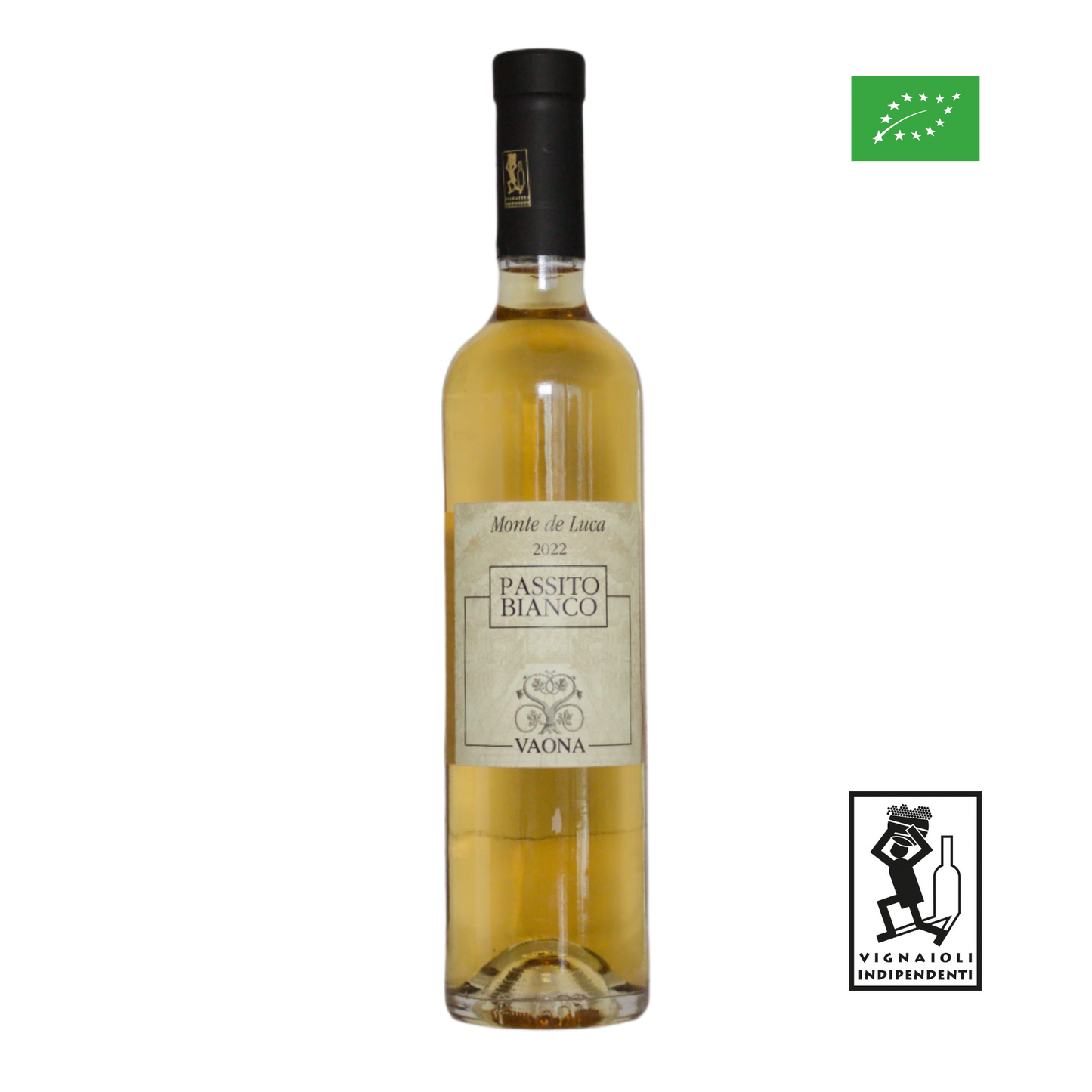 Bottle of Passito Bianco wine with labels on a white background