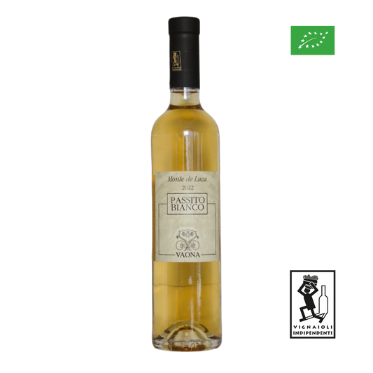 Bottle of Passito Bianco wine with labels on a white background