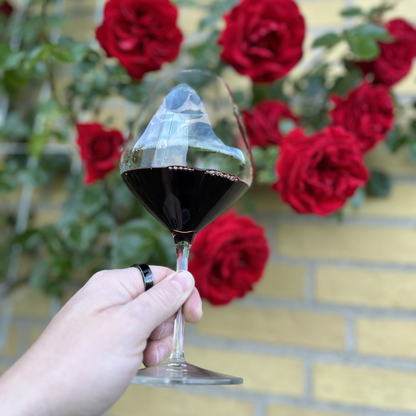 An alternative side-angle shot focusing on the elegant crystal wine glass filled with red wine, with the romantic red rose bush beautifully blurred in the distance.