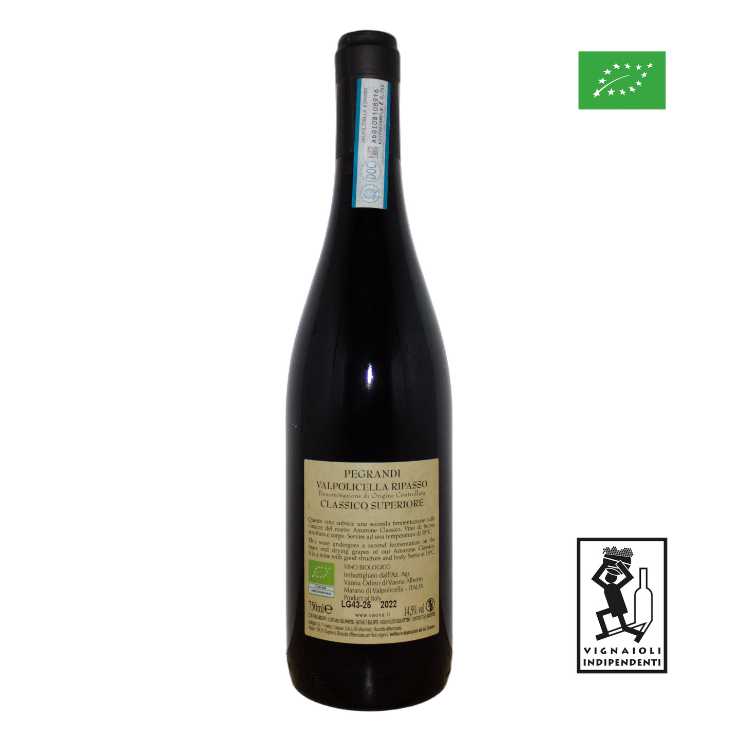 Technical back label for Vaona Pegrandi Ripasso della Valpolicella Classico Superiore DOC 2022 - Nutrition and ingredients
