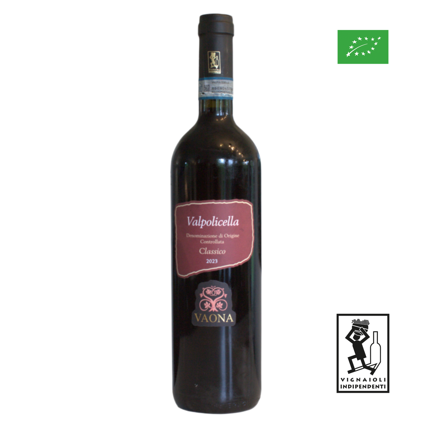 A bottle of Vaona Valpolicella Classico 2023 wine with an organic certification logo.