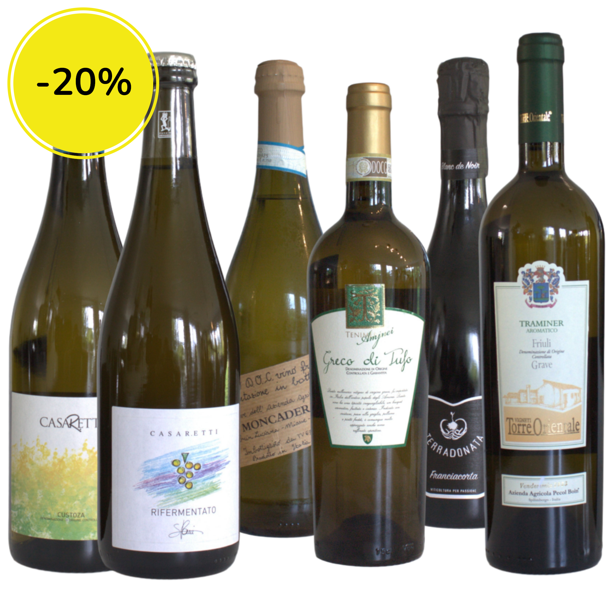 White Exploration tasting box featuring a premium selection of Italian white wine bottles from Vinacce.dk.