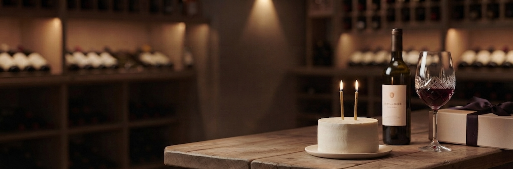 A wine bottle, a filled wine glass, and a small birthday cake with two lit candles arranged on a wooden table in a dimly lit wine cellar with shelves of bottles in the background.