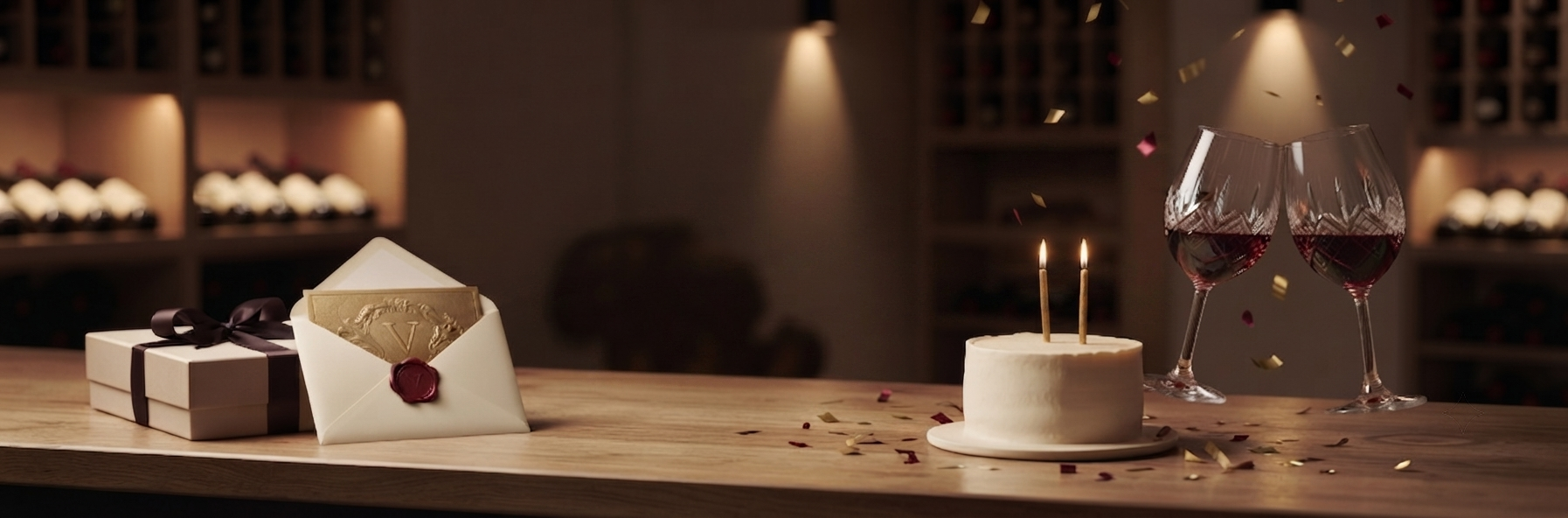 A styled tabletop scene in a dimly lit wine cellar or bar setting with a small white birthday cake, two wine glasses filled with red wine, a white envelope with a red wax seal, and gift boxes on a wooden counter.