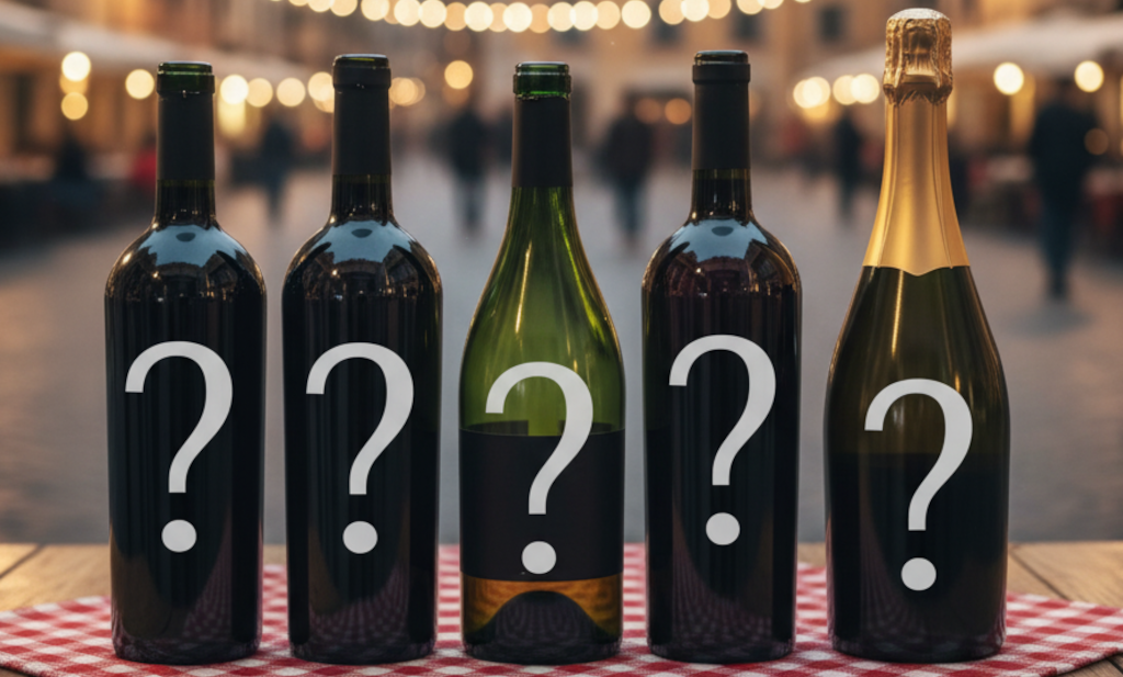 Five wine bottles with question marks on labels on a checkered tablecloth.